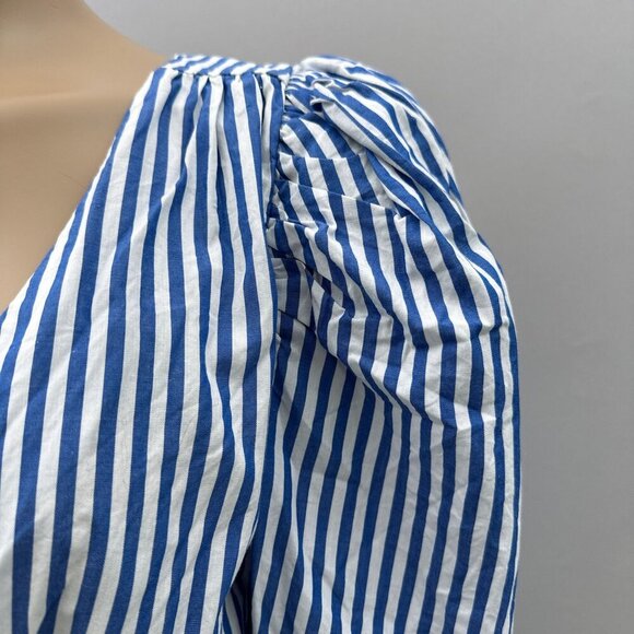 Zara Puff Sleeve Striped Wrap Blouse Rhinestone Belted Waist Blue White Women S - Picture 6 of 12